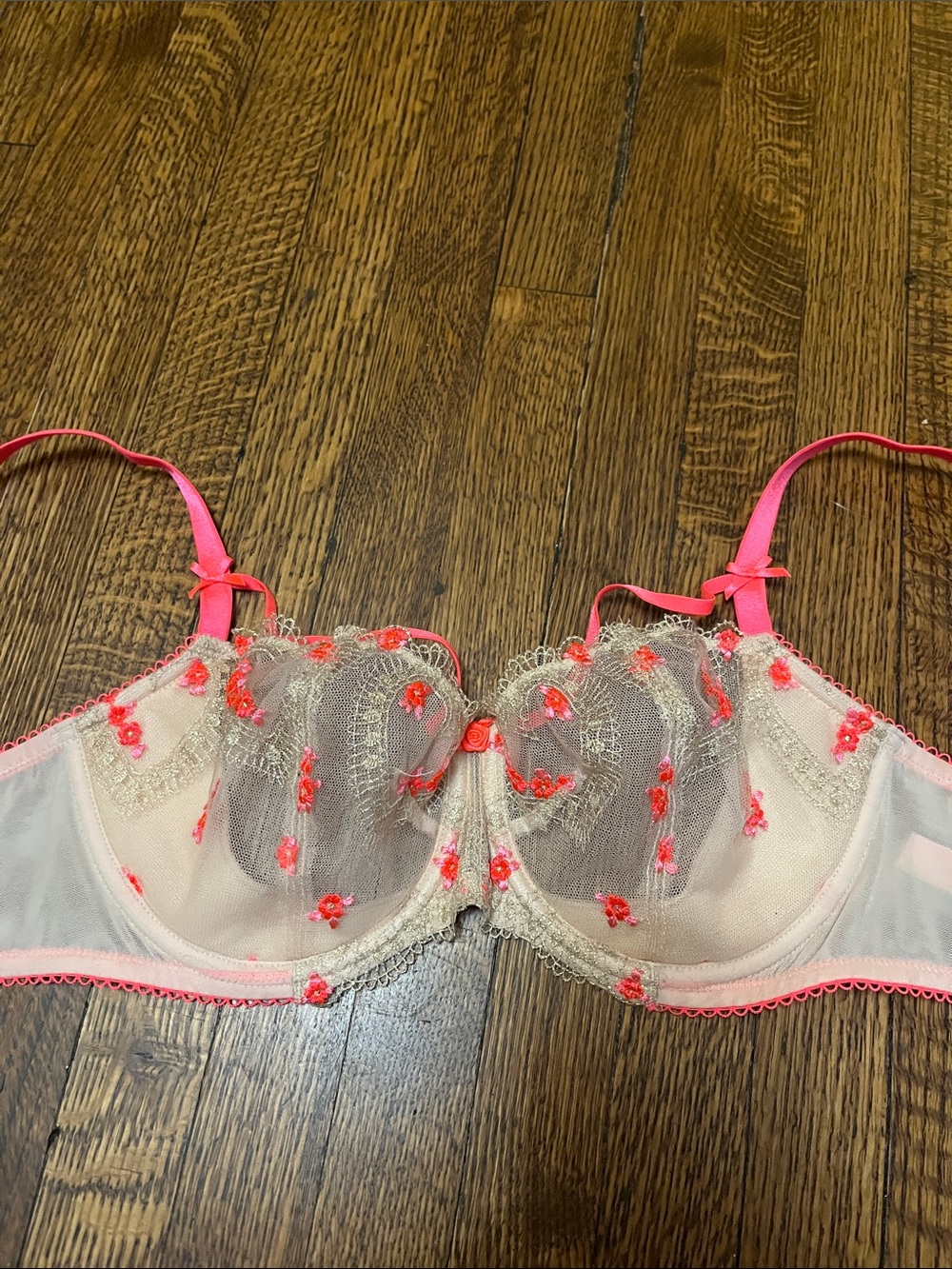 Victoria's Secret Dream Angels Sheer Embroidered Balconette Pink and Neon Bra